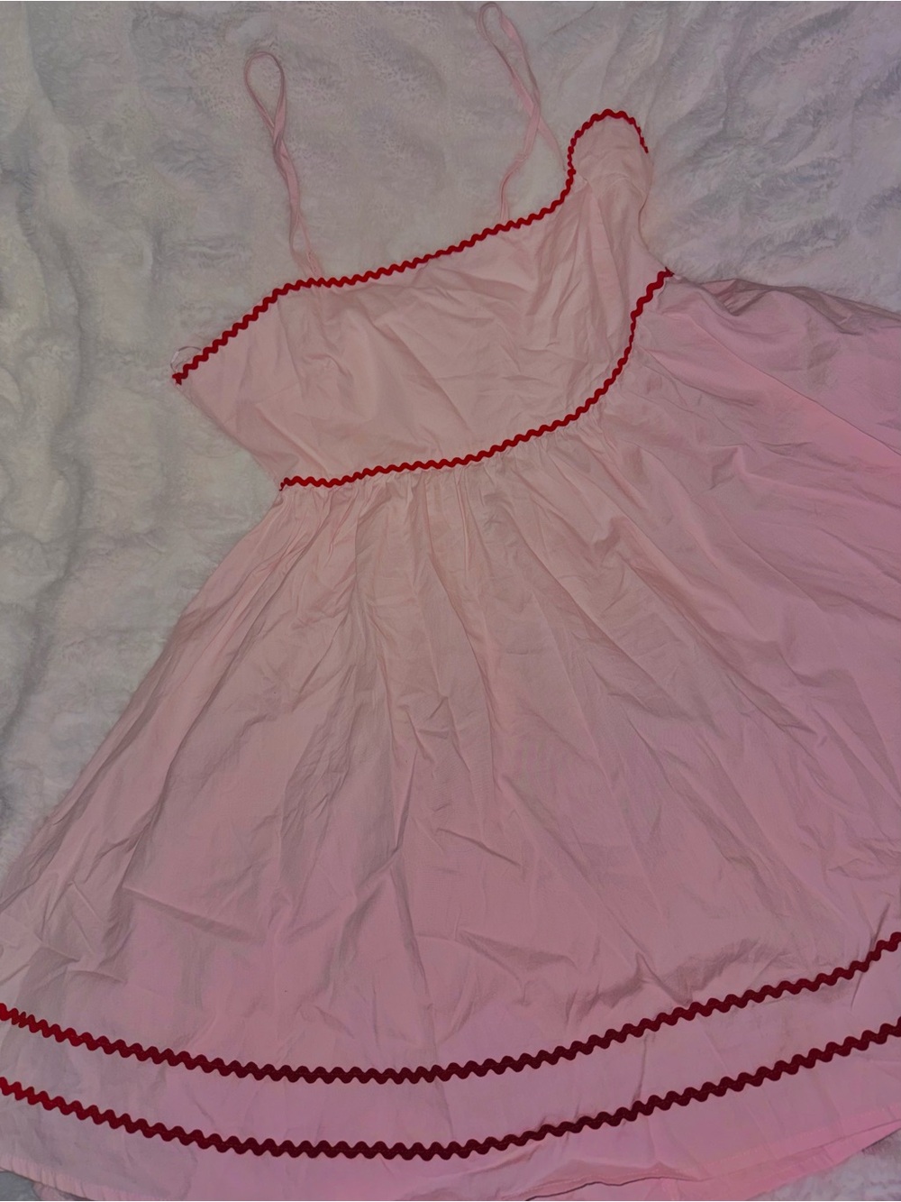 Francesca’s Light Pink Sundress with Red Ric-Rac Trim